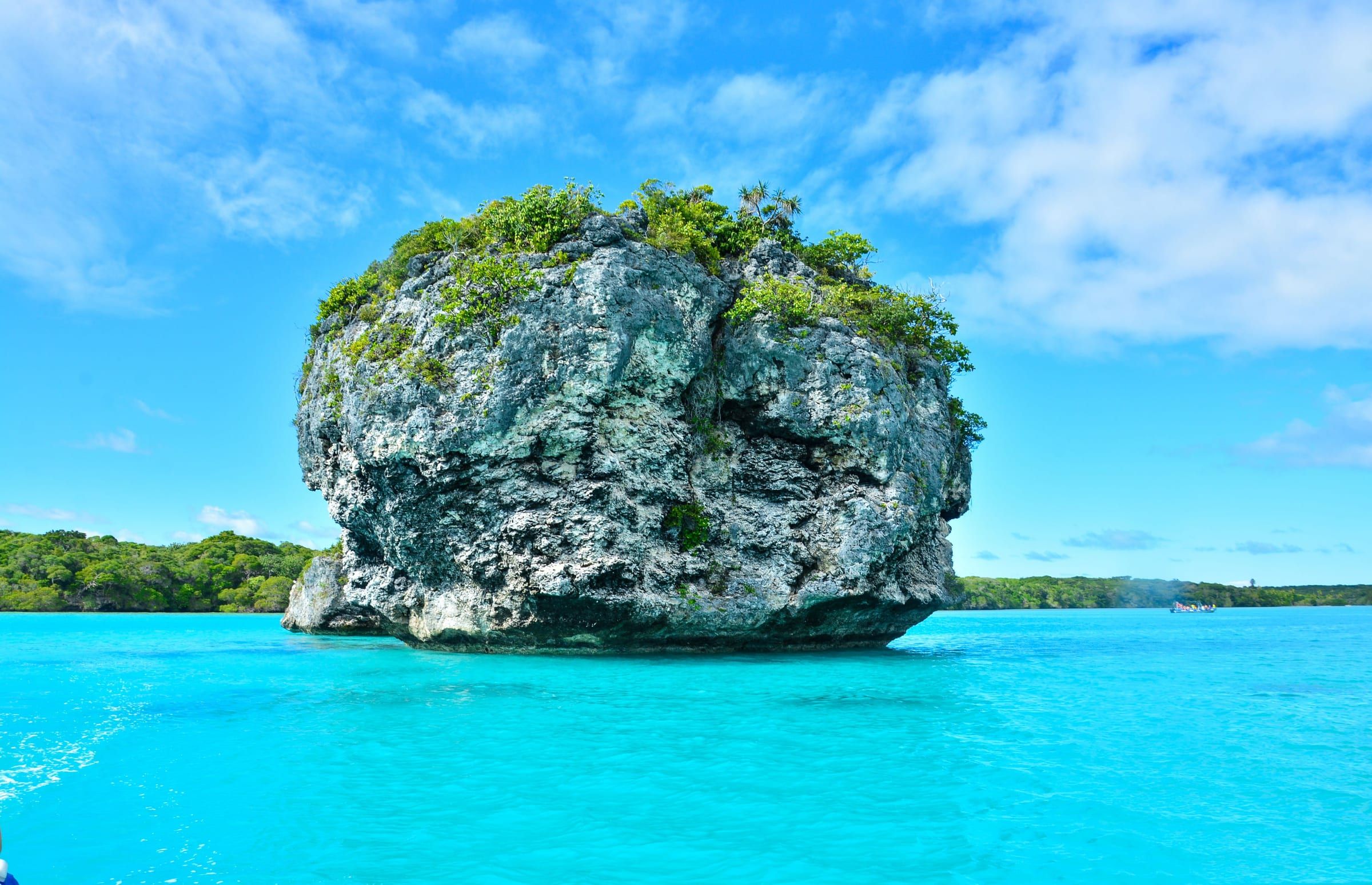 Un rocher calcaire coiffé de végétation émerge d'une eau turquoise, sur une côte boisée de Nouvelle-Calédonie.